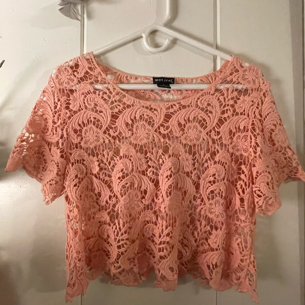 Wet seal pink sheer lace crop top